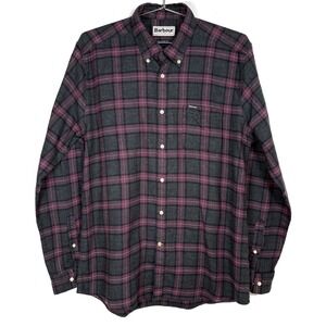 Barbour Flannel Shirt Mens Medium Gray Purple Plaid Button Down Tailored Fit